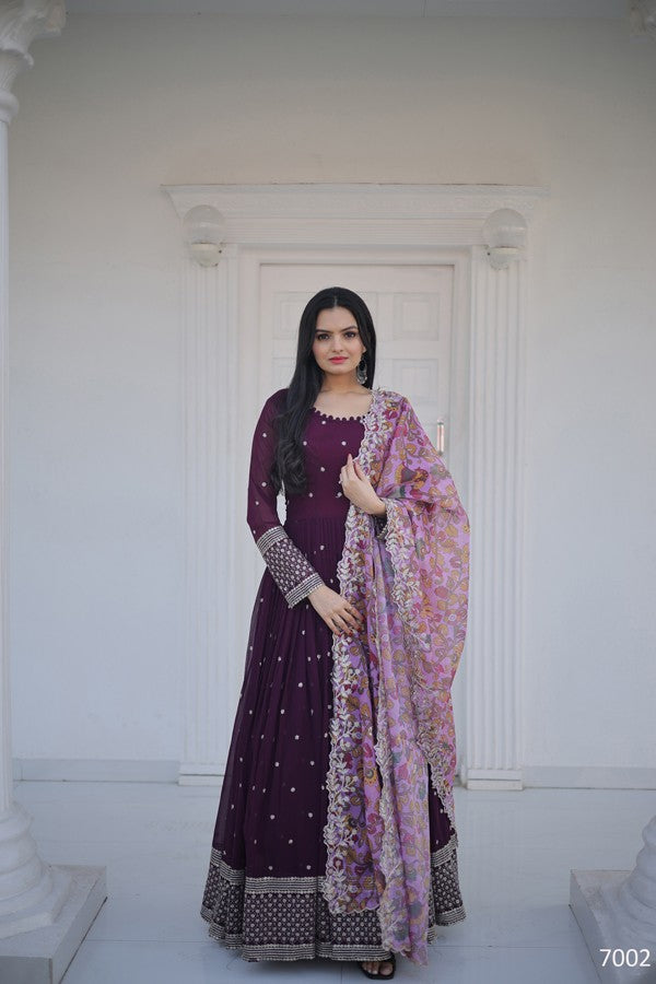 Womens Wine Color Embroidery And Zari Sequins work Party Wear Gown